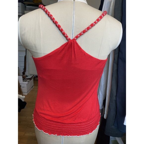 Halter Red White Embroidery Flowers Razor Back Tank Summer BOHO Gypsy Peasant M - Picture 2 of 8